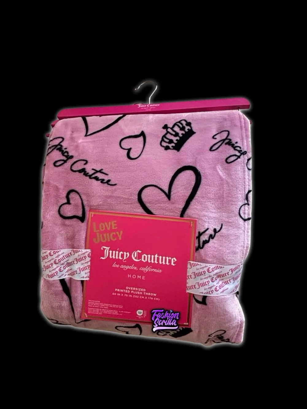 Juicy Couture Oversized Plush Throw Blanket Pink Black Heart Crown Logo NWT